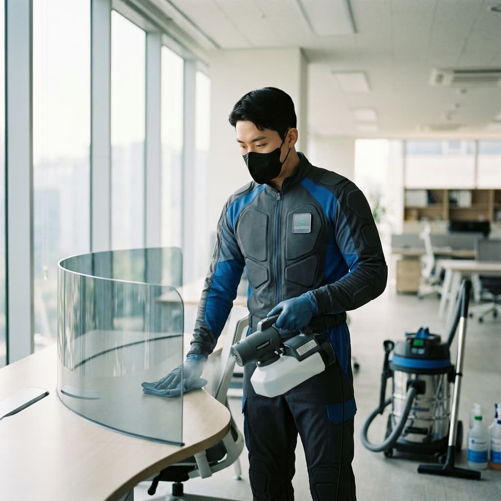 작업 중인 한국인 특수청소 전문가